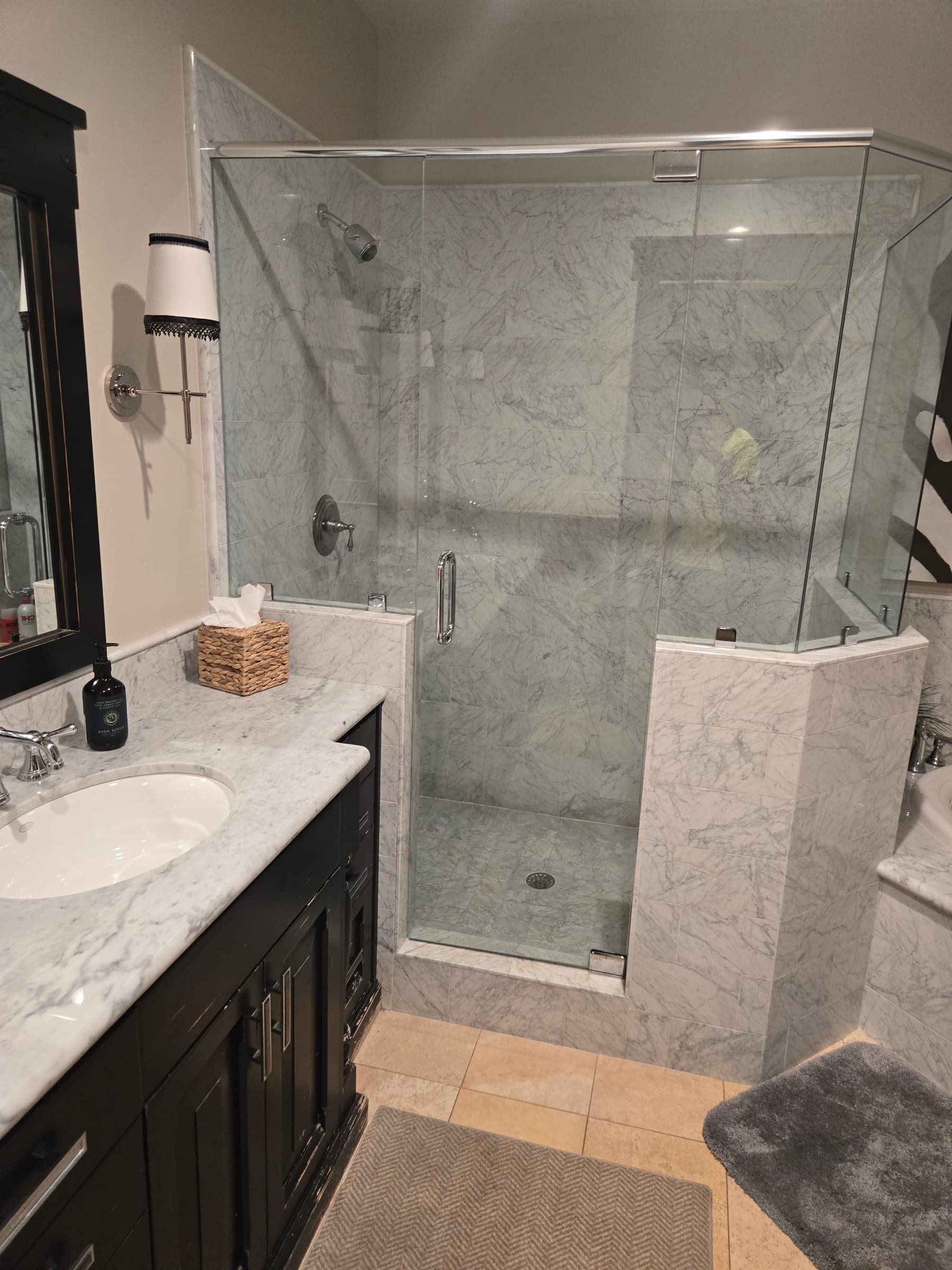 Bathroom Remodeling Park City - Marble Shower with Dark Vanity